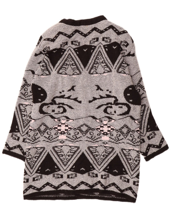 VINTAGE Femmes Longline Open Cardigan Sweater EU 44 XL Gris Géométrique