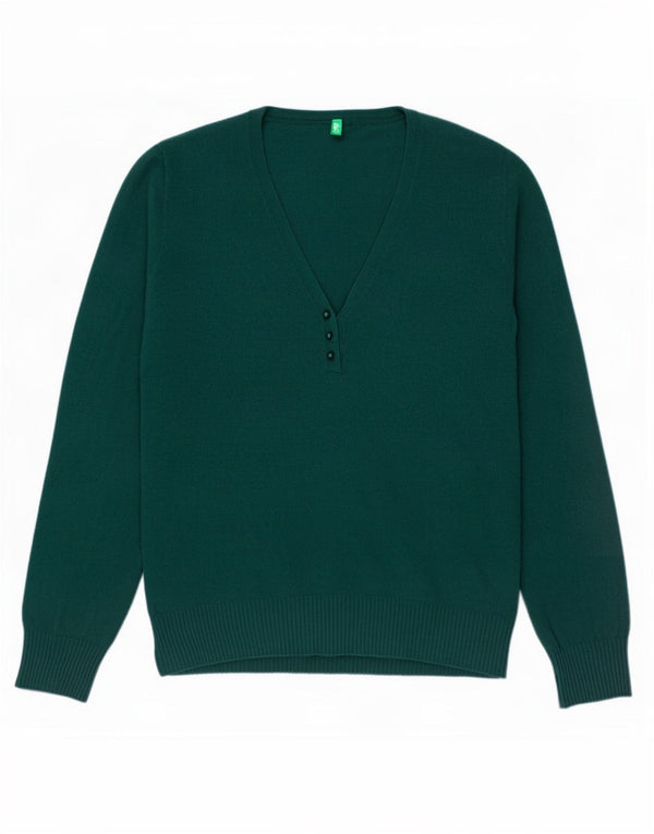 Benetton Pull col V pour femme UK 16 Large Laine Verte