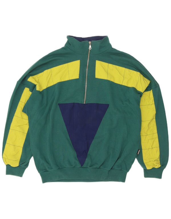 vintage Mens Zip Neck Sweatshirt Jumper XL Vert Colourblock Coton
