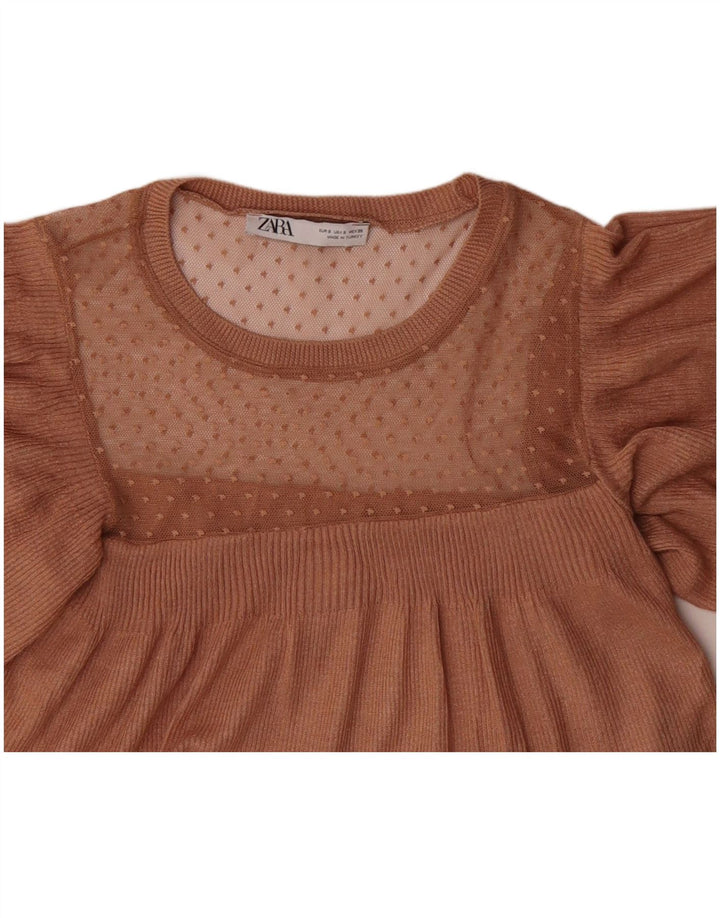 ZARA Womens Crop Knit Blouse Top UK 10 Petit Marron