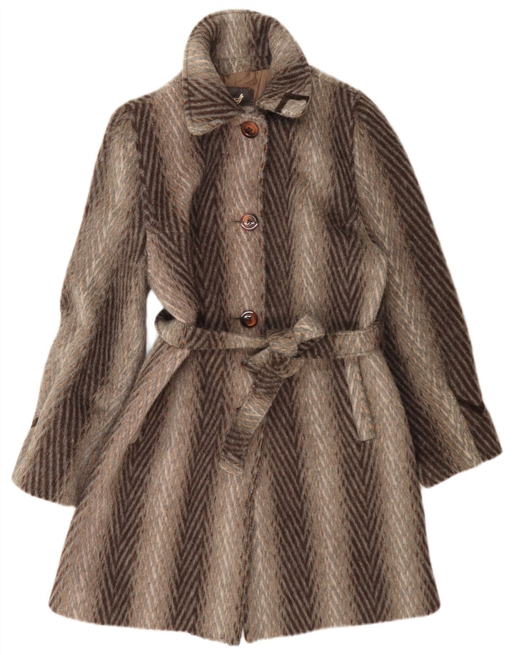 vintage Womens Overcoat UK 10 Petite laine rayée marron classique