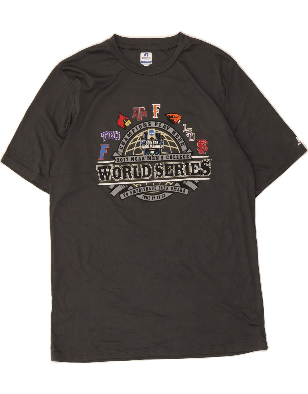 RUSSELL ATHLETIC Mens Dri-Power Graphic T-Shirt Top Large Grey Polyester Vintage Russell Athletic and Second-Hand Russell Athletic from Messina Hembry 