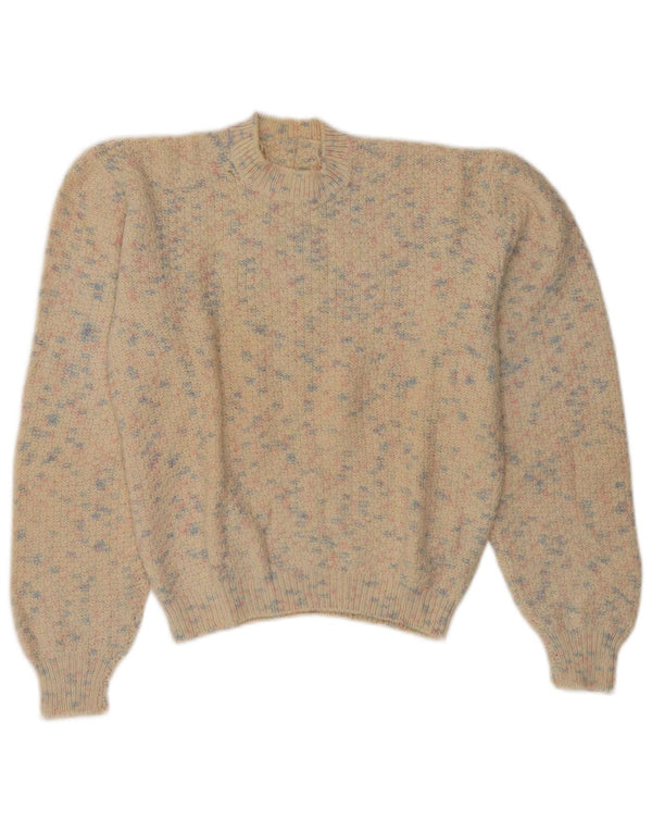 vintage Womens Crop Turtle Neck Jumper Pull UK 14 Moyen Beige Moucheté