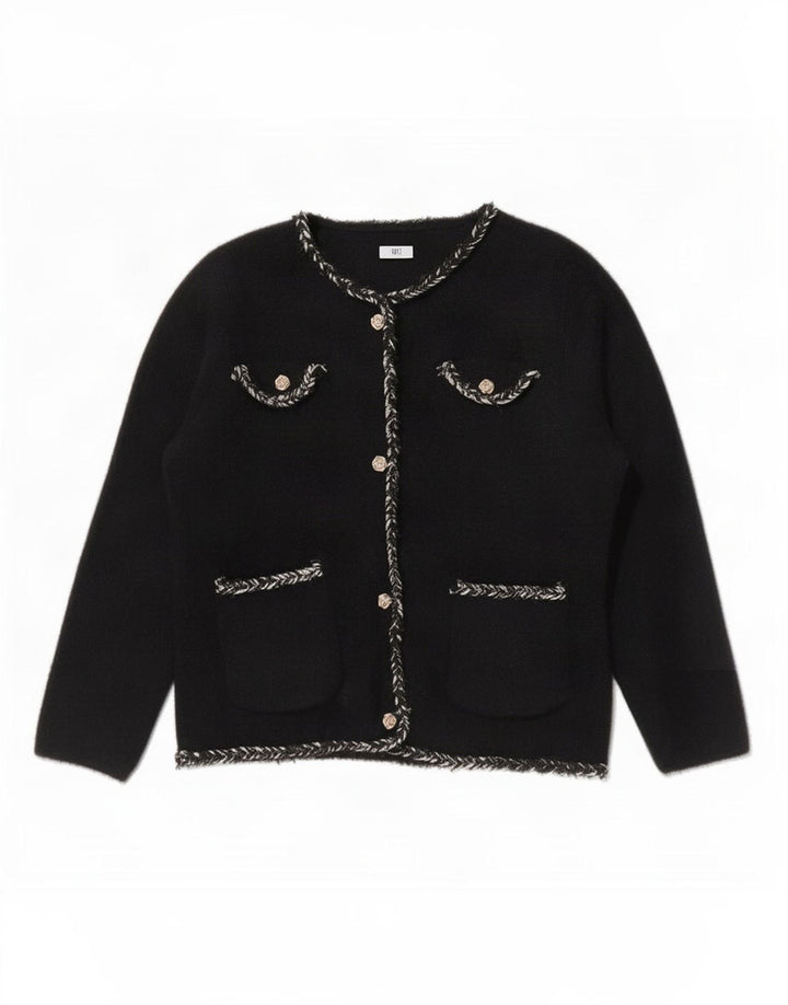 vintage Femme Cardigan Pull UK 12 Moyen Noir Polyamide