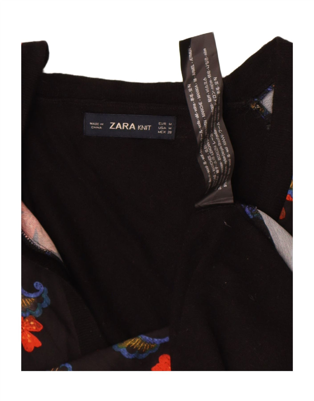 Zara Femme Top Manches Longues UK 44 Laine Florale Noir Moyen