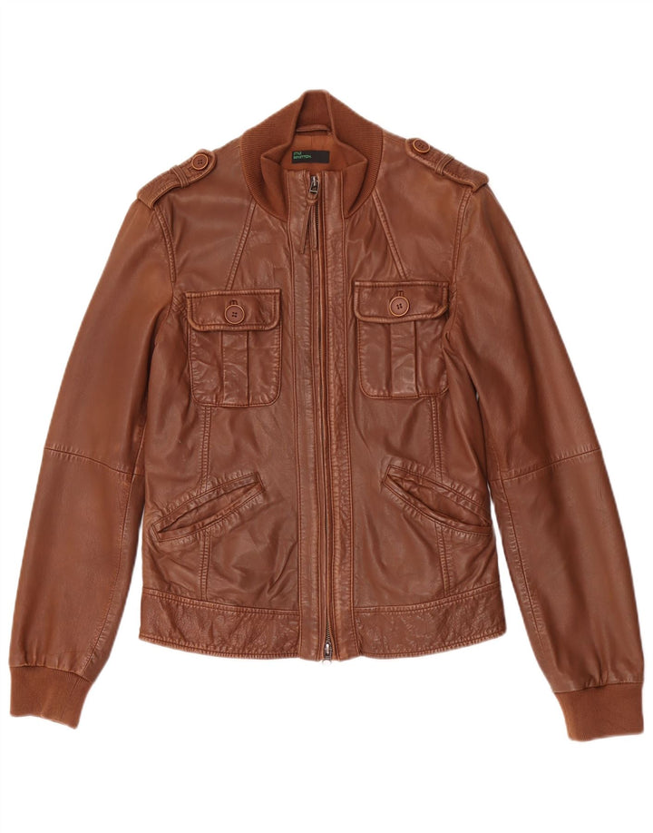 BENETTON Veste en cuir militaire pour femme IT 44 Cuir marron moyen