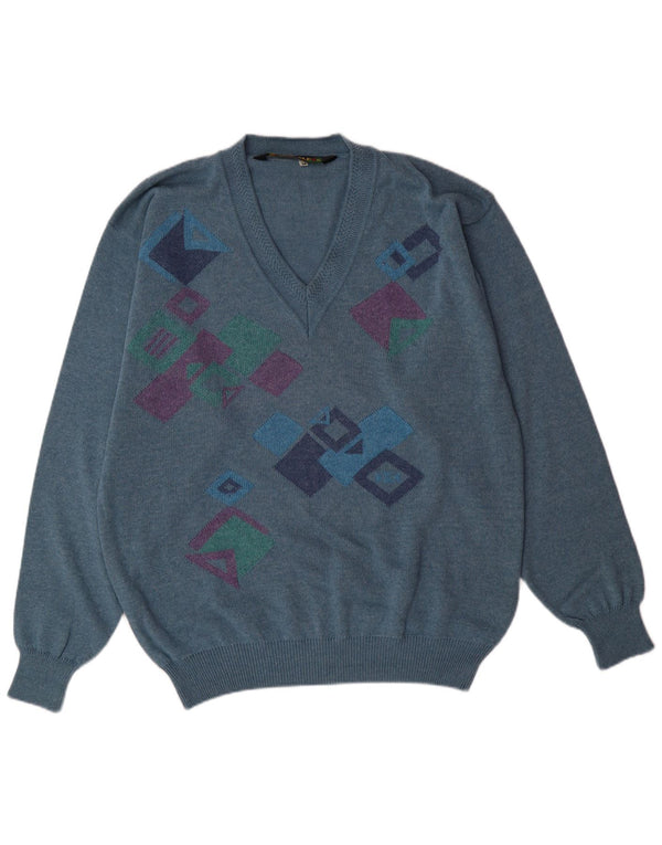 FRANK ALEXS Pull Col V Homme IT 54 XL Bleu Géométrique Coton