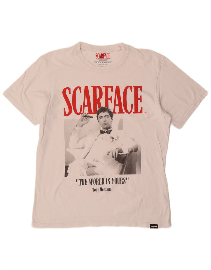 PULL & BEAR T-Shirt Graphique Scarface pour Hommes Grand Blanc Coton