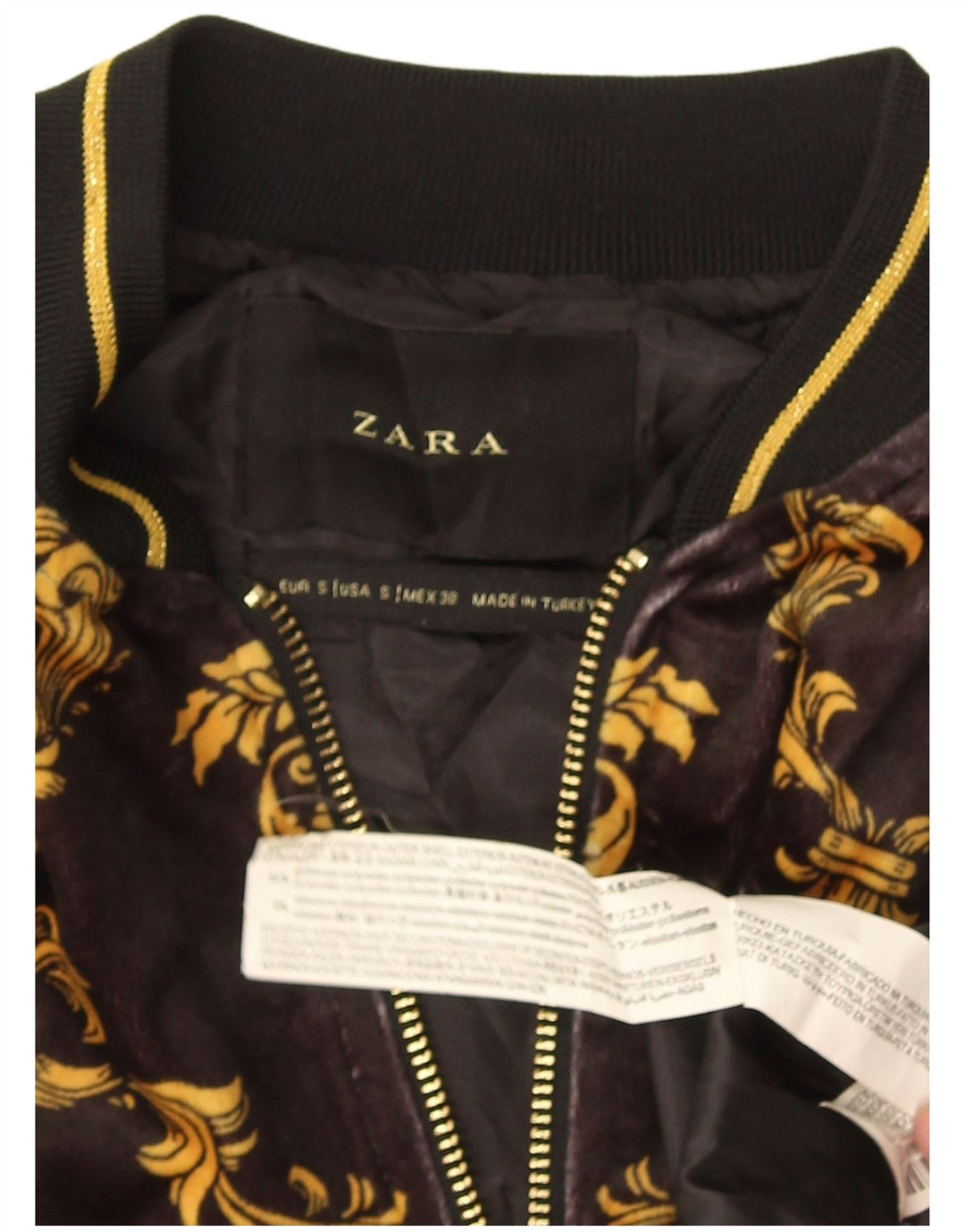 Zara Mens Abstract Pattern Bomber Jacket UK 36 Petit Noir Polyester