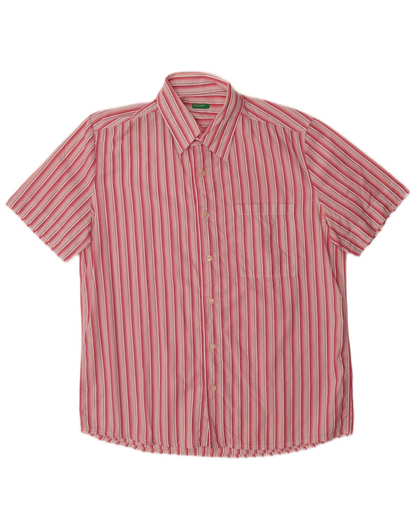 Benetton Chemise à Manches Courtes Homme Large Rose Rayé Coton