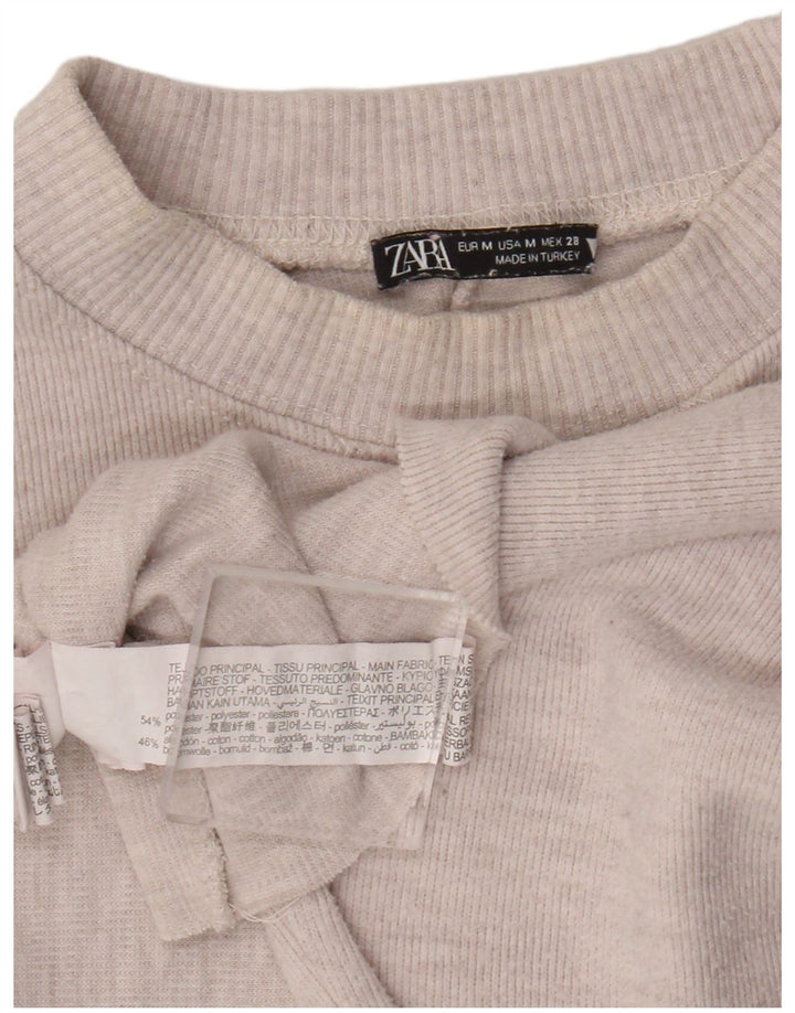 Zara Femme Crop Top Manches Longues UK 14 Polyester Beige Moyen