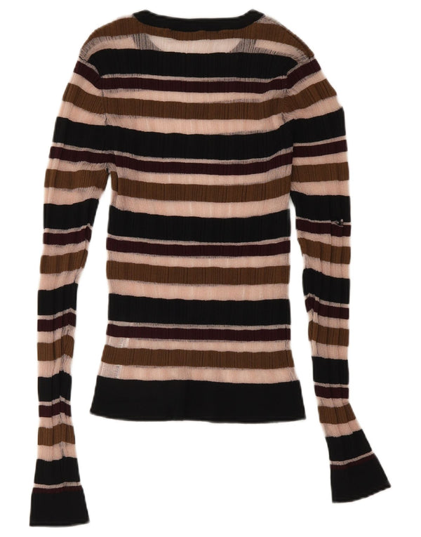 Zara Womens See Through Top Manches Longues UK 8 Petit Rayé Multicolore