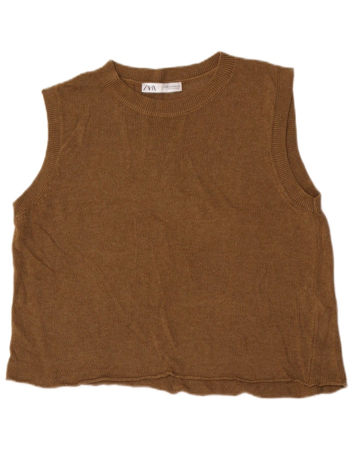 Zara Womens Crop Vest Top UK 14 Acrylique Marron Moyen
