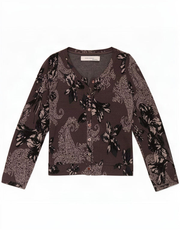 Zara Cardigan Femme Pull UK 12 Gris Moyen Paisley Viscose