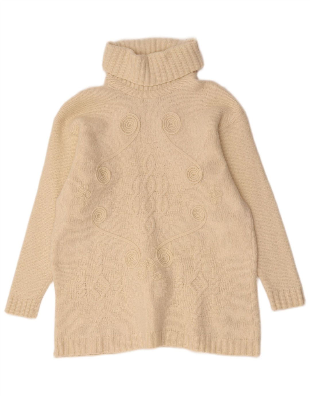 vintage Femmes Roll Neck Jumper Pull UK 14 Moyen Off White Géométrique