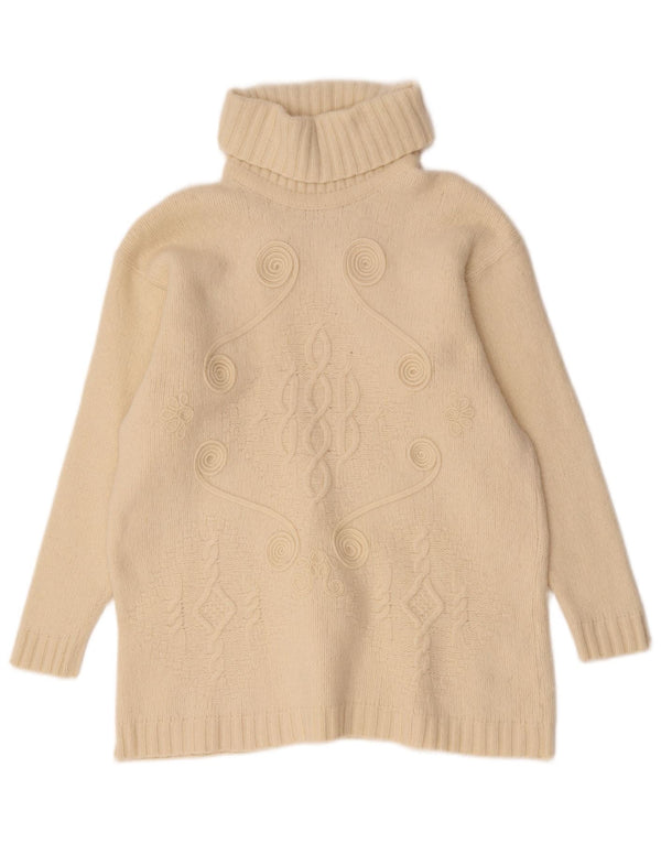 vintage Femmes Roll Neck Jumper Pull UK 14 Moyen Off White Géométrique