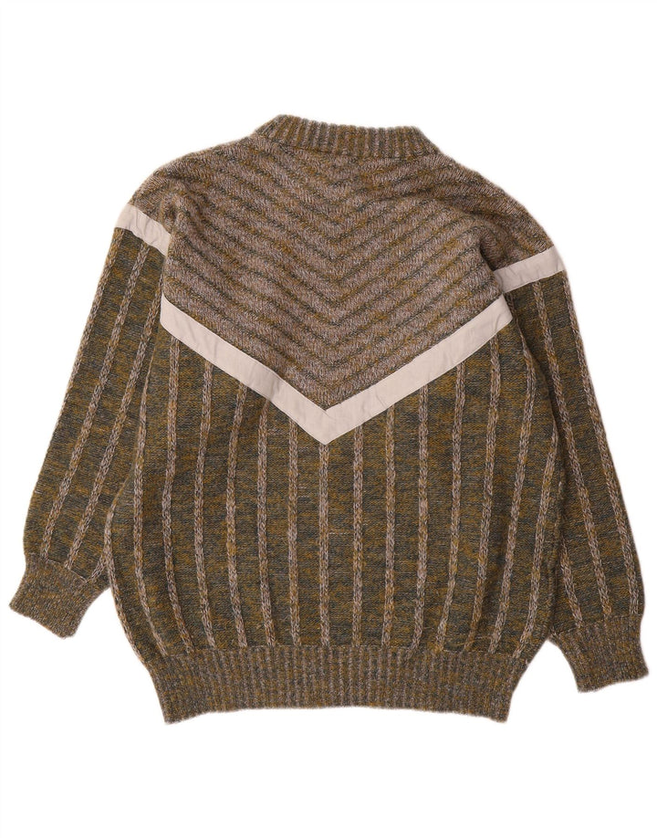 vintage Mens Crew Neck Jumper Pull Moyen Vert Rayé