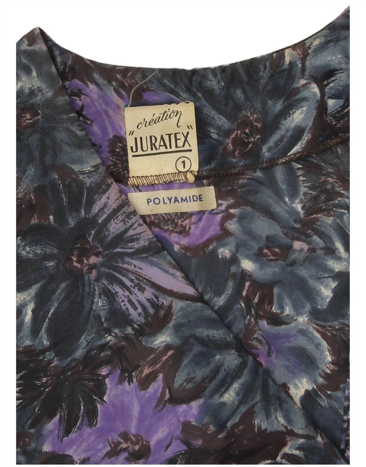 vintage Femme Pardessus UK 14 Moyen Violet Floral Polyamide