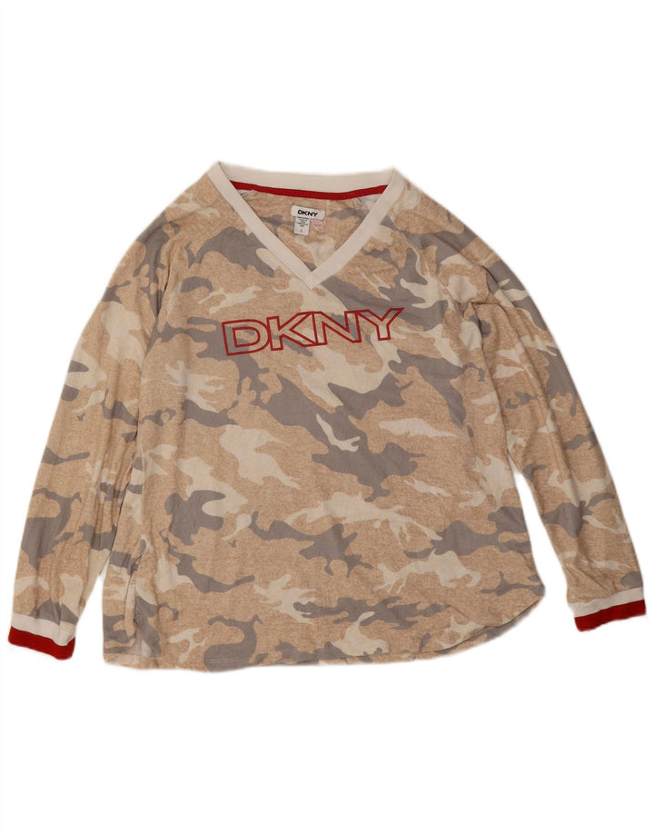 Dkny Haut graphique à manches longues pour femme UK 16 Large Beige Camouflage Polyester