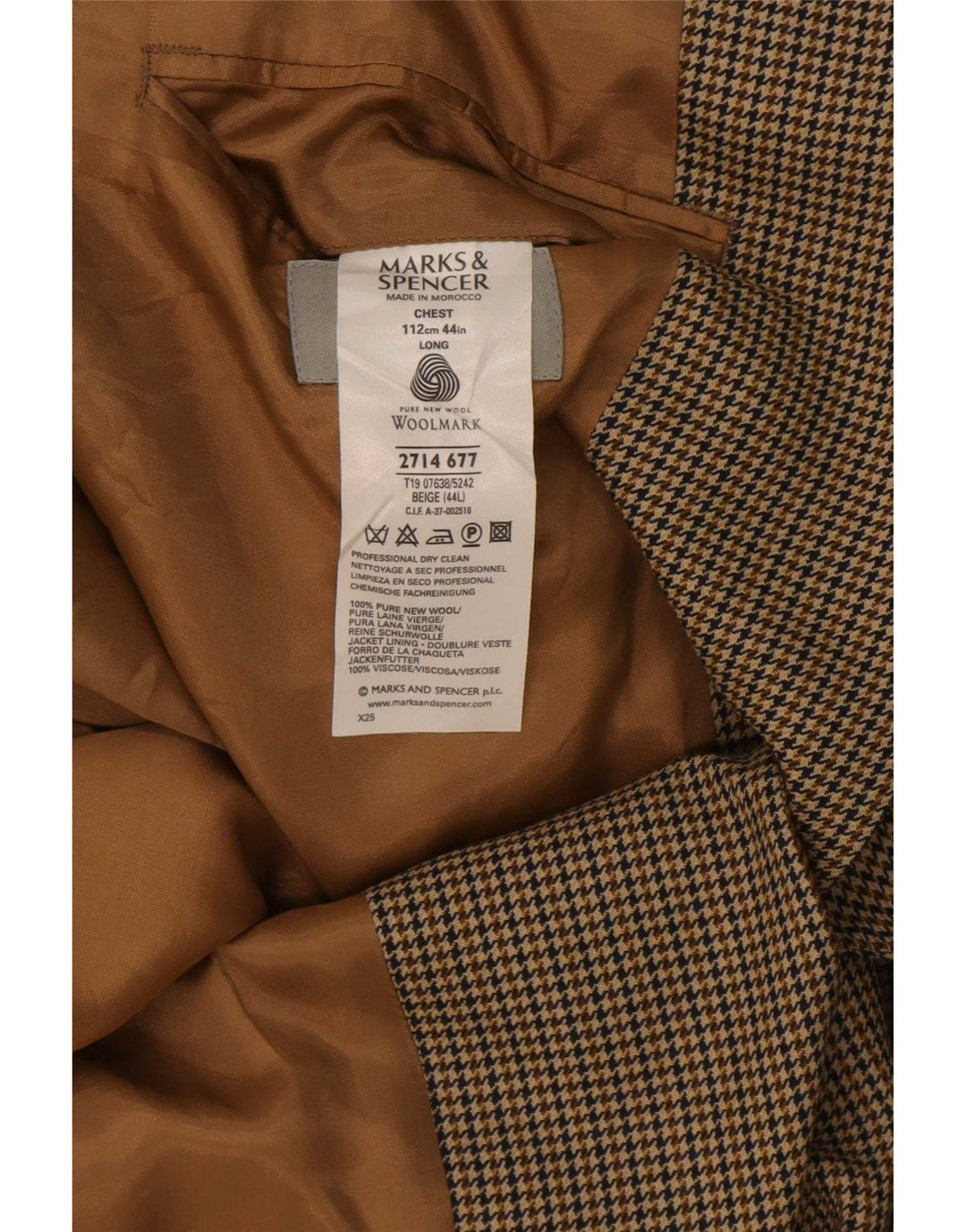Marks & Spencer Veste blazer longue à 2 boutons pour homme UK 44 XL Beige pied-de-poule