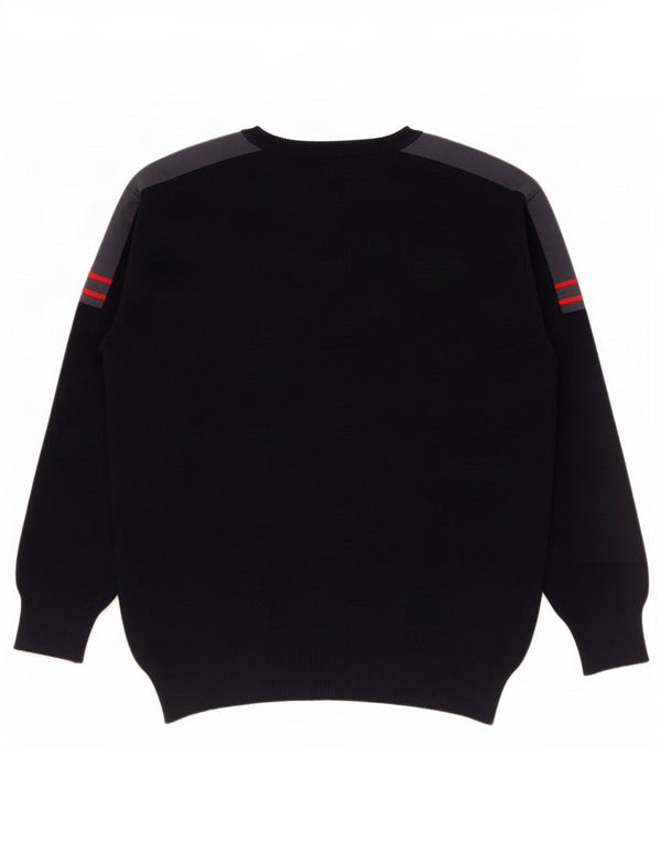 vintage Mens Crew Neck Jumper Pull XL Noir Colourblock Laine