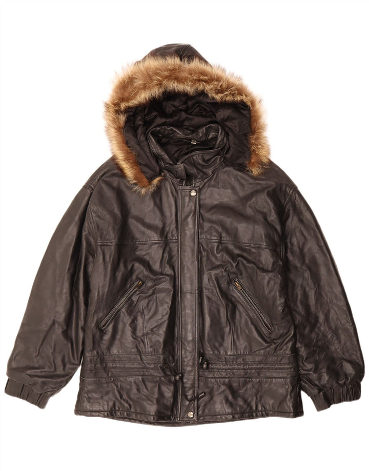 Veste en cuir surdimensionnée à capuche femme vintage IT 48 XL Cuir noir