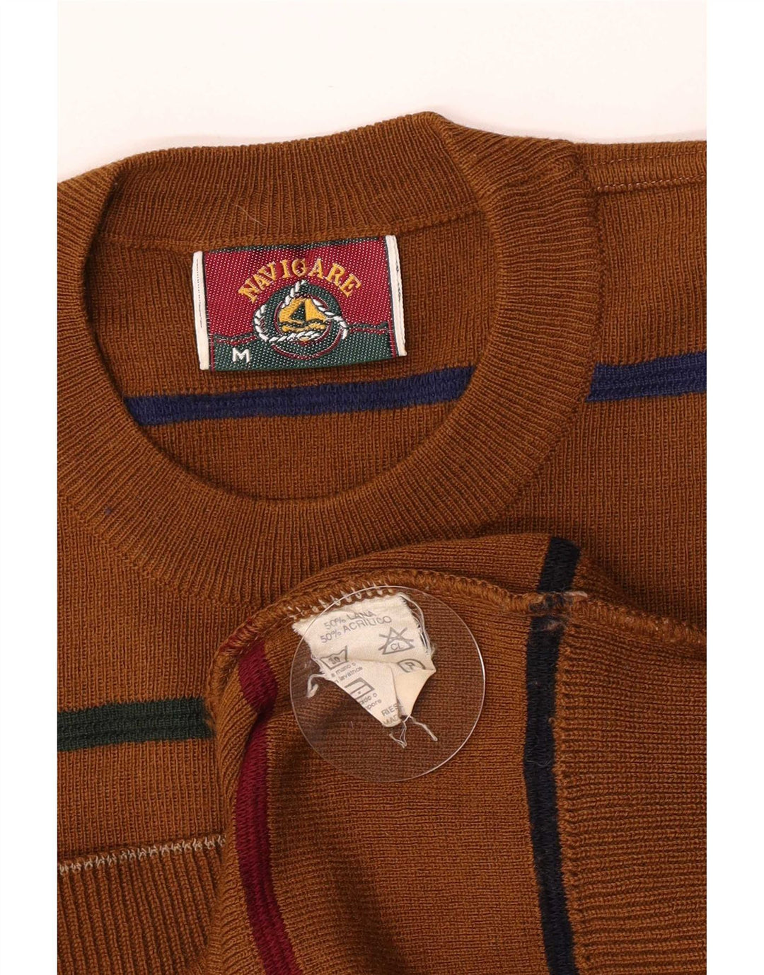 Navigare Pull à col rond pour homme en laine rayée marron moyen