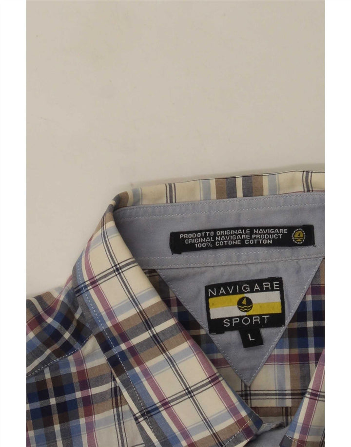 Navigare Chemise à manches courtes pour homme en coton à carreaux bleus