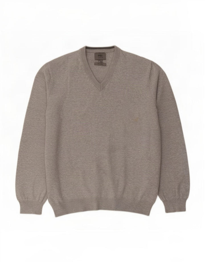 Marks & Spencer Pull col V pour homme en coton moucheté gris Taille L
