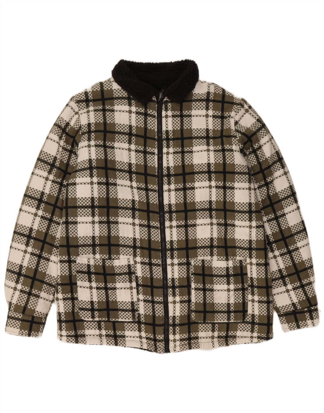 VINTAGE Veste Sherpa Femme UK 16 Grand Carreau Vert