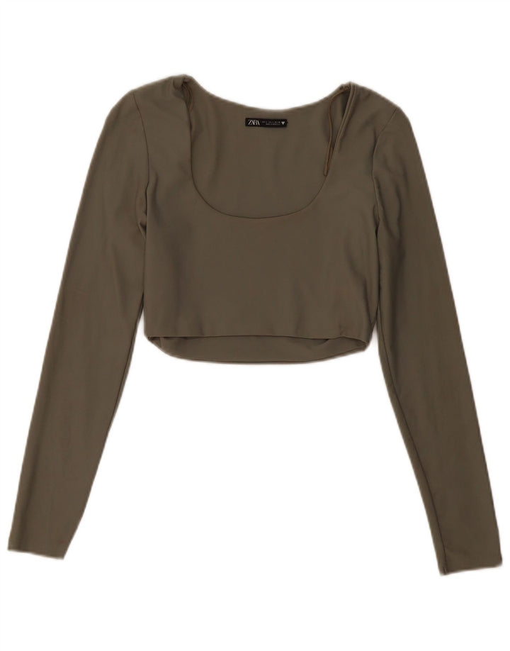 Zara Femme Crop Top Manches Longues UK 14 Large Kaki Polyamide
