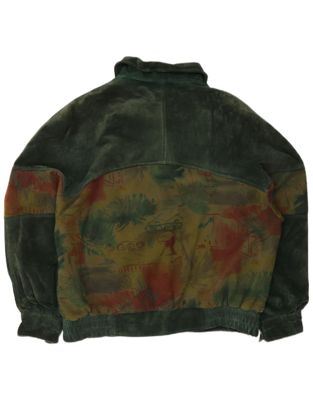 vintage Mens Abstract Pattern Suede Bomber Jacket IT 50 Grand Cuir Vert