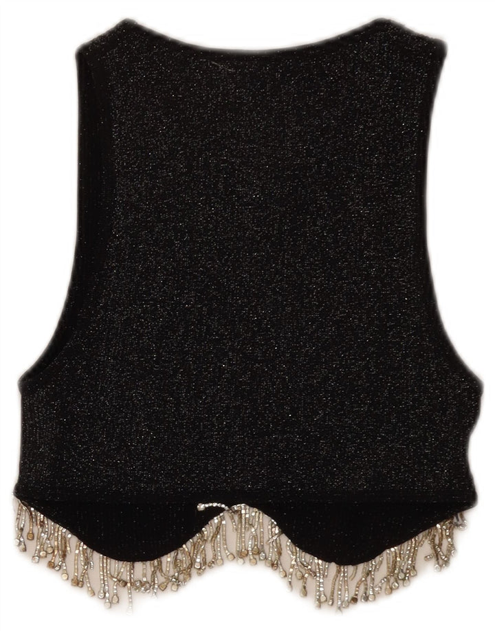 Zara Femme Haut Court Sans Manches UK 4 XS Polyester Moucheté Noir
