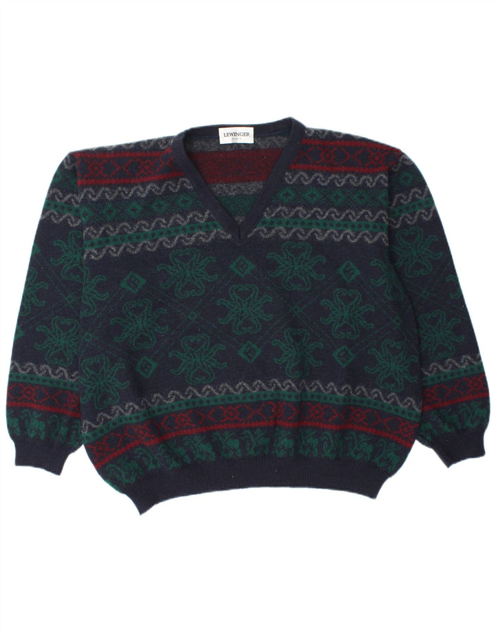 LEWINGER Pull col V pour femme UK 20 2XL Bleu marine Fair Isle