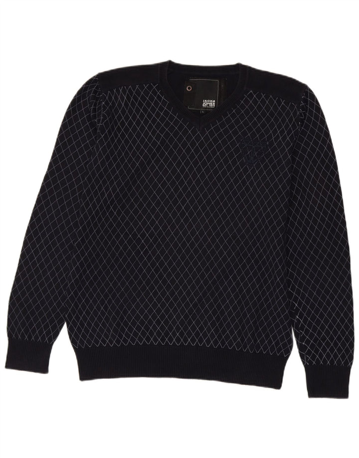JACK & JONES Mens V-Neck Jumper Sweater Large Navy Blue Check Cotton