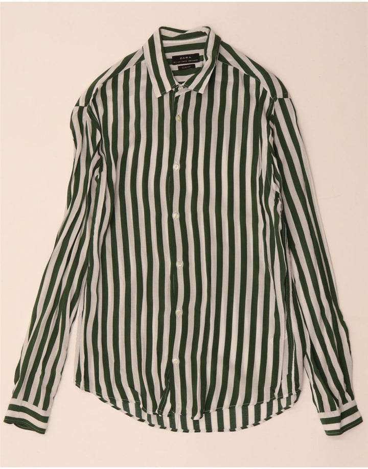 ZARA Homme Chemise Slim Fit Petite Viscose Rayée Verte