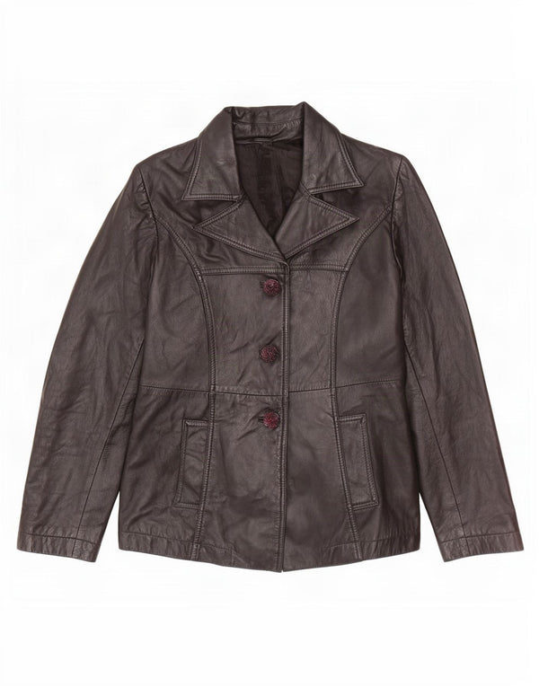 vintage Femme 3 Boutons Veste Blazer En Cuir UK 12 Moyen Noir