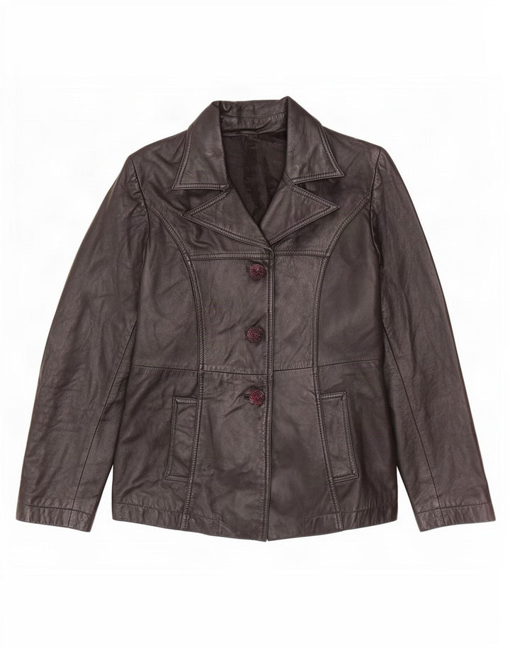 vintage Femme 3 Boutons Veste Blazer En Cuir UK 12 Moyen Noir