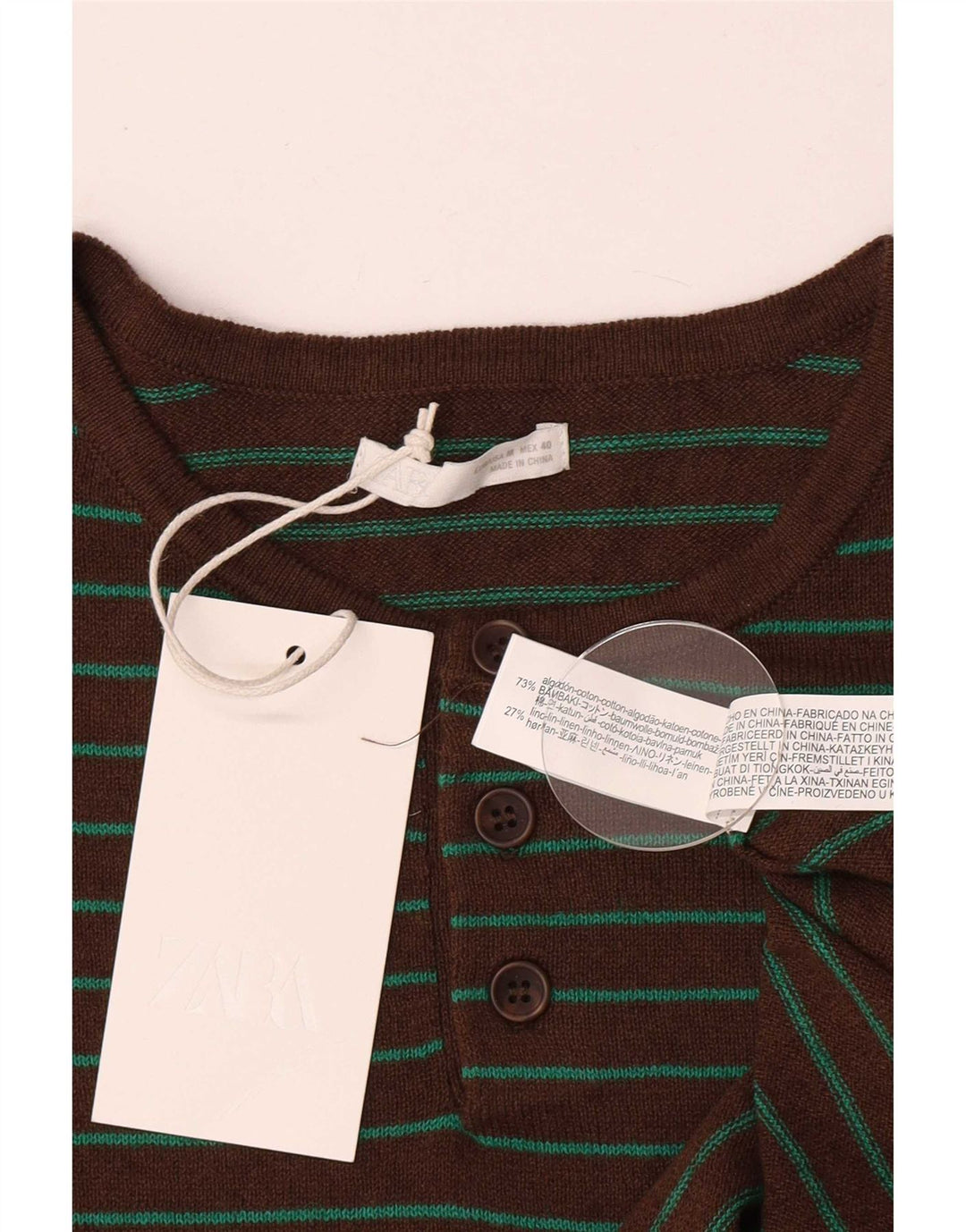 Zara Homme T-Shirt Top Coton Rayé Marron Moyen