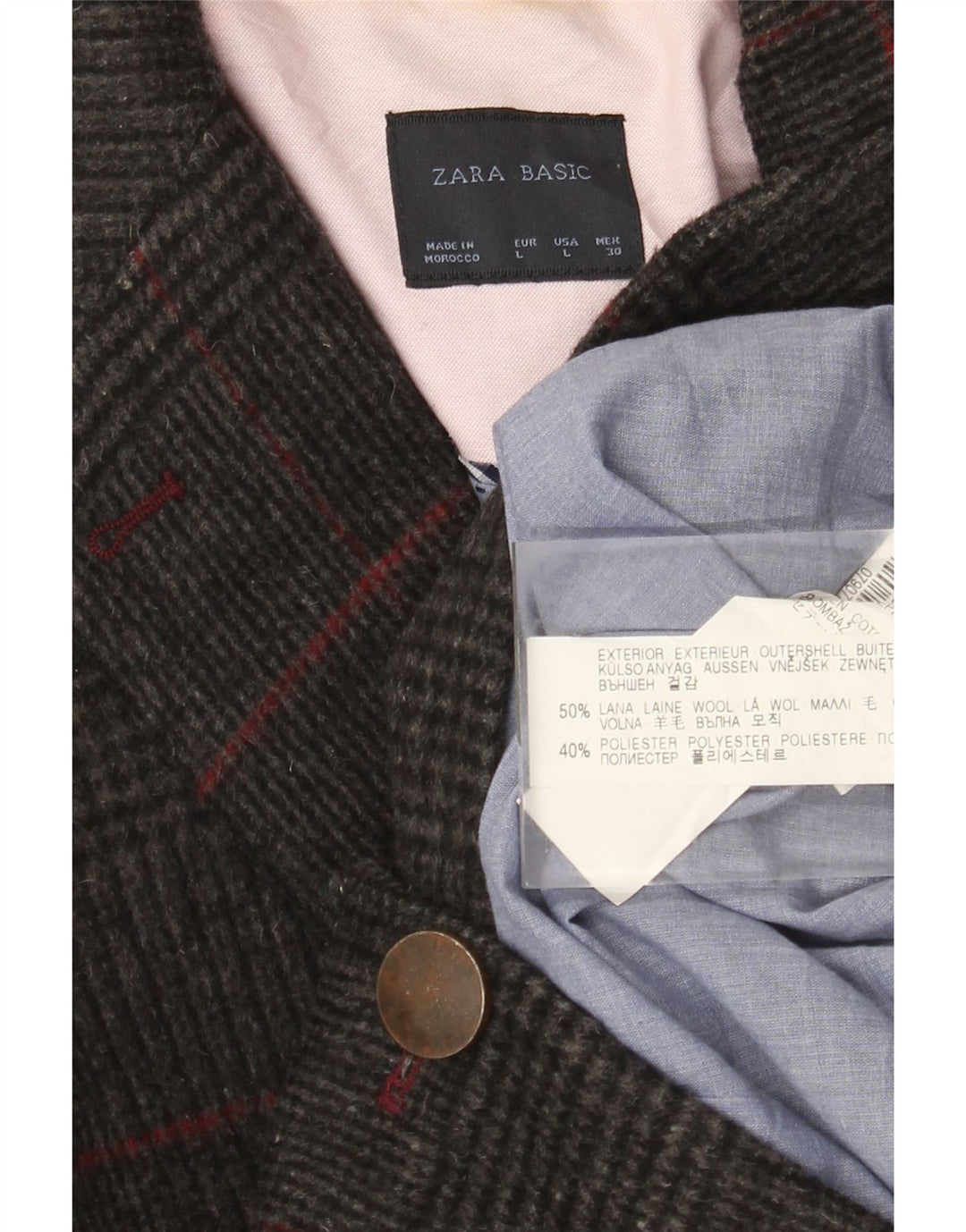 Zara Womens 1 Button Blazer Jacket UK 14 Large Gris Carreaux Laine