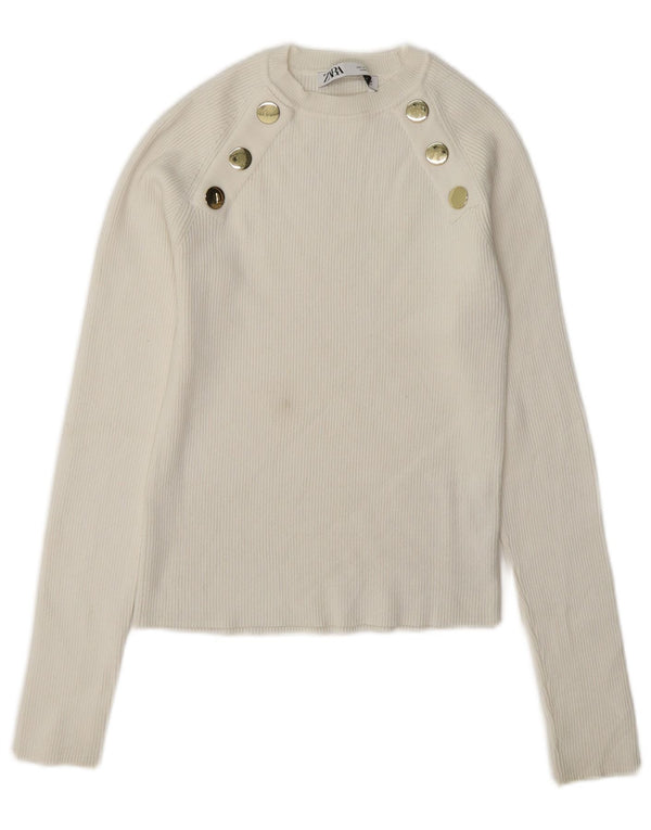 Zara Pull court à col bateau pour femme UK 12 Viscose blanc moyen