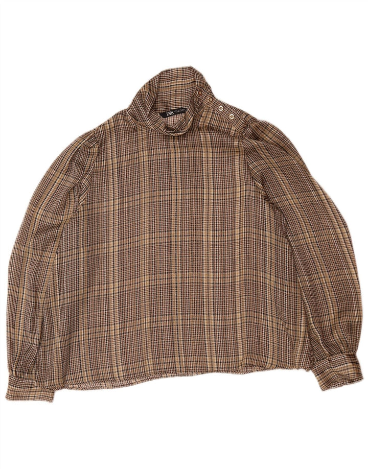 Zara Pull à manches longues pour femme - Chemisier UK 16 - Grand carreaux marron