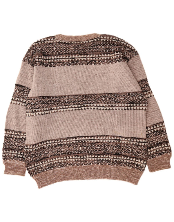 vintage Mens Crew Neck Jumper Pull XL Gris Fair Isle Acrylique