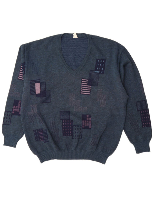 vintage Homme Col V Pull Pull IT 52 Grand Bleu Marine Géométrique