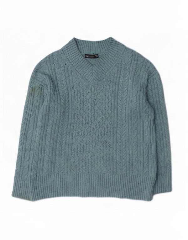 Marks & Spencer Pull col en V pour femme UK 14 Bleu moyen moucheté
