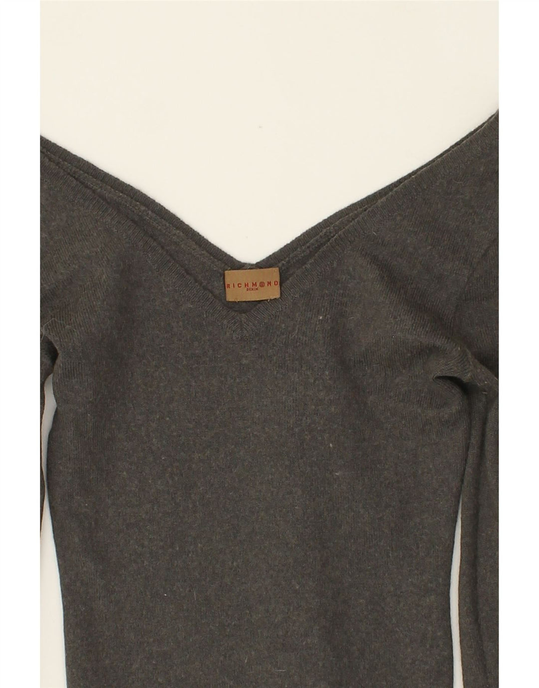 RICHMOND Womens Crop Graphic V-Neck Jumper Sweater IT 42 Medium Grey Vintage Richmond and Second-Hand Richmond from Messina Hembry 