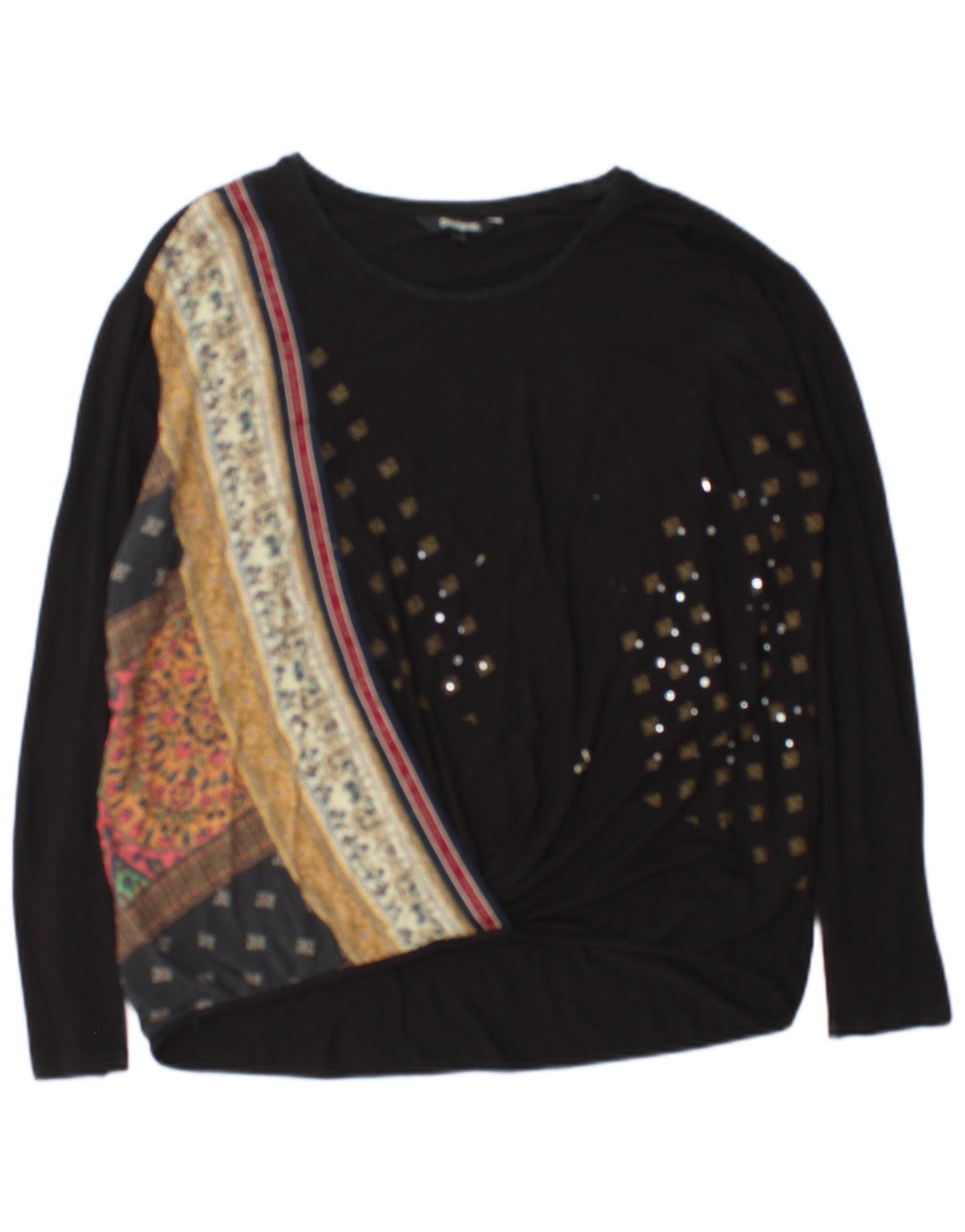 Desigual Femme Top Manches Longues UK 44 Medium Noir Floral Viscose
