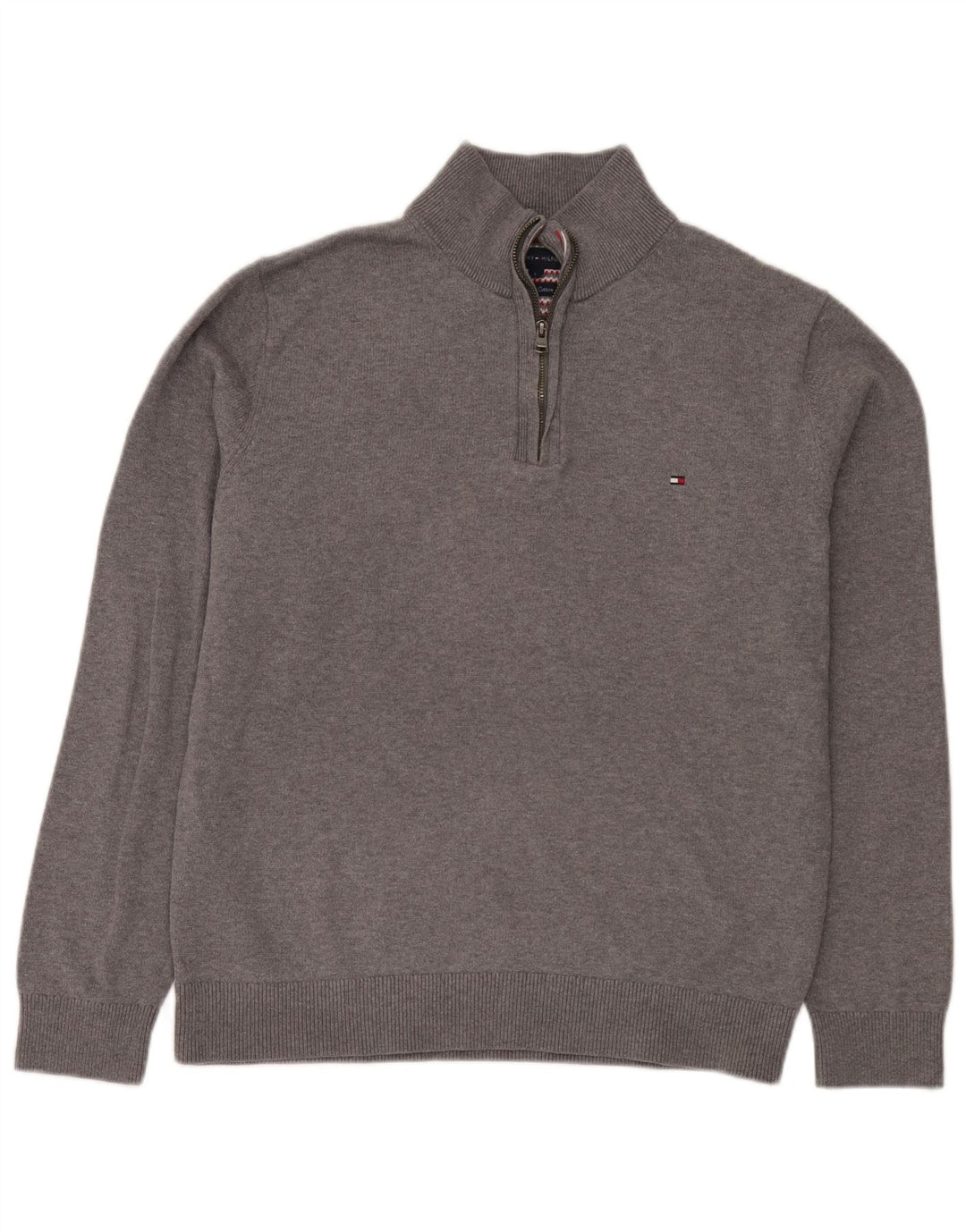 Tommy Hilfiger Pull à col zippé pour homme Large Gris Coton