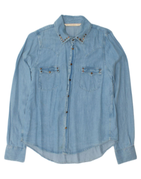 Zara Chemise en jean pour femme UK 16 Large Bleu Lyocell