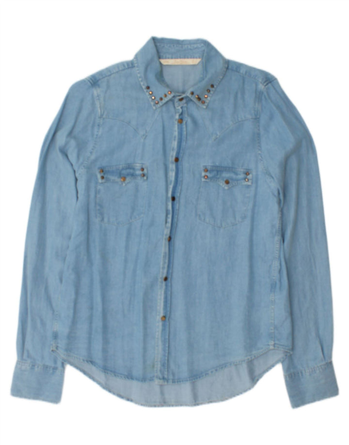 Zara Chemise en jean pour femme UK 16 Large Bleu Lyocell